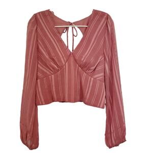 Kirious Mauve Pink Striped Long Sleeve Crop Blouse with Back Cutout Size M